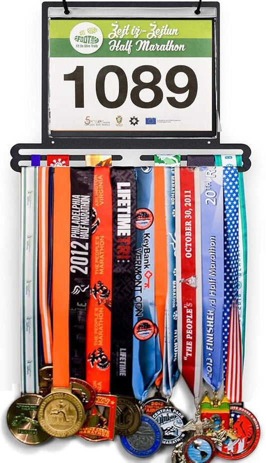 Jolitac Sports Medal Awards Display Rack Wall Mounted Marathon Medals Hanger Holder for 60+ Medals 100 Runner Race Bibs 20 Bibs Flip Vinyl Sleeves