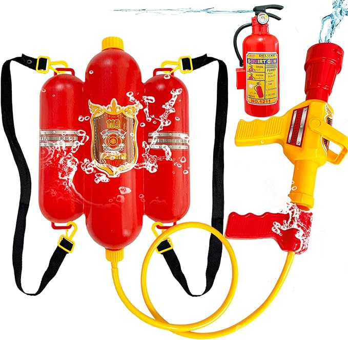 Firefighter Backpack Water Gun Blaster Set for Kids,Fireman Tank with Hose Shooter Toy,Mini Fire Extinguisher Squirter for Halloween Costume,Outdoor Play,Swimming Pool,Beach,Party