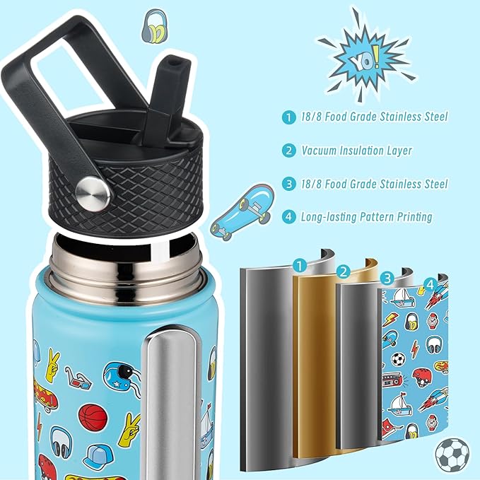 BJPKPK Insulated Water Bottle with Straw Lid, 15 oz Stainless Steel Metal Water Bottles, Reusable Leak Proof BPA Free Water Bottles, Cups, Thermo, Playground