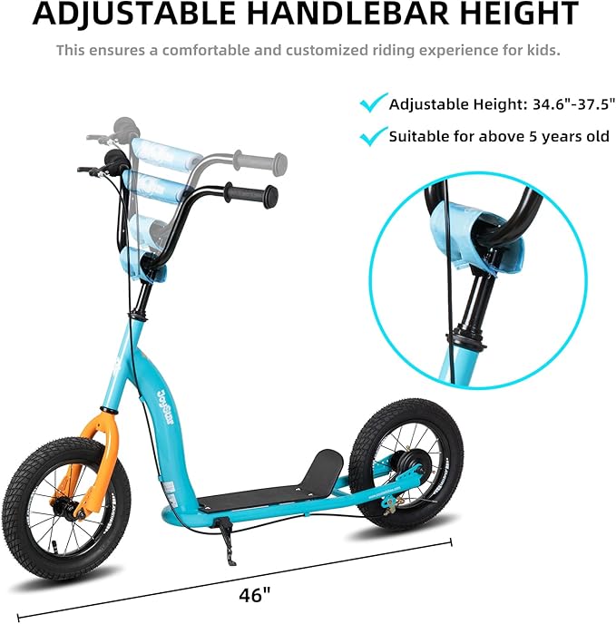 JOYSTAR Kick Scooter for Kids 5+ Teens & Youth, Lightweight Kids Scooter with Adjustable Handlebar, 2 Wheel Scooter for Boys & Girls, 12" Inflatable Wheels Rear Drum Brakes