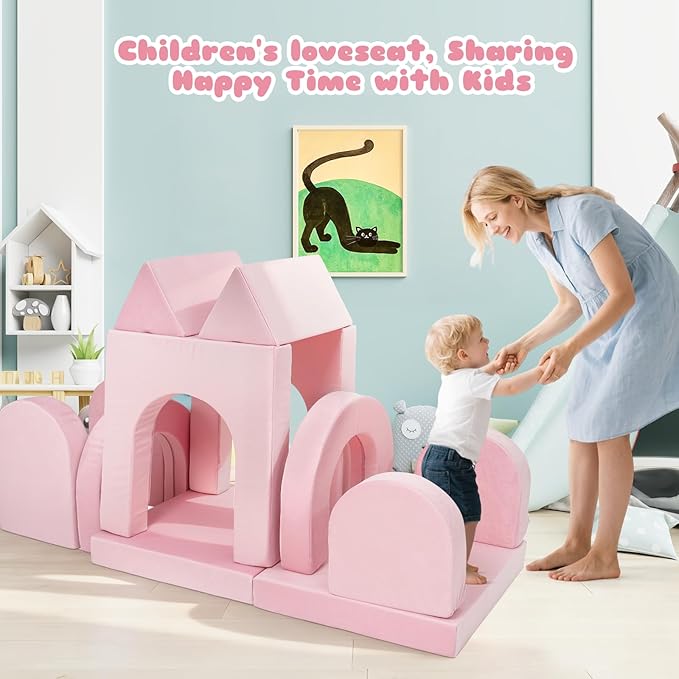 12 Pcs Modular Kids Play Couch, Toddler Couches That Fold Out, Plush Foam Chair for Children’s Playroom, Velvet Fabric Convertible Foam and Floor Cushion for Boys and Girls (Pink,07)