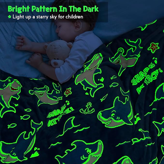 Jekeno Shark Glow in The Dark Blanket Gifts for Girls Boys Christmas Birthday Kids Teens Age 1 2 3 4 5 6 7 8 9 10 12 13 14 15 16 Years Old Child Ocean Anchor Throw Blue 50"x60"
