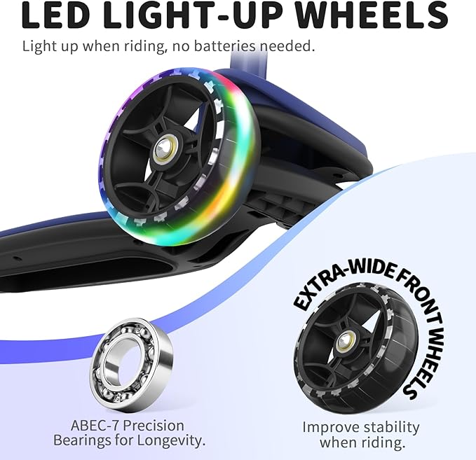BELEEV A8 Scooter for Kids Ages 3-12, 3 Wheel Folding Scooter for Toddlers Girls Boys, LED Light-Up Wheels, 4 Adjustable Height, Lean to Steer, Extra Wide Wheels, Three Wheel Kick Scooter for Children