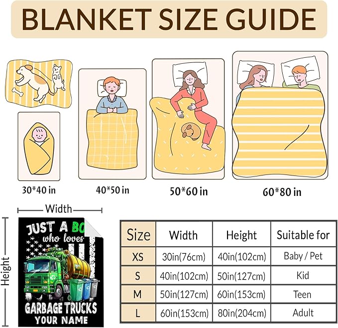 Custom Garbage Truck Blanket for Boys, Cute Throw Blanket Gifts for Kids Truck Lovers, Personalized 60x80 Inches Black Soft Fuzzy Blankets for Sofa Couch Bed Travel