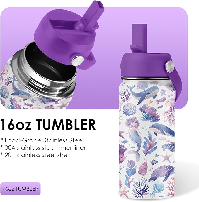 Ocean Gifts for Kids - 16 Oz Purple Water Bottle with Straw Lid, Stainless Steel Insulated Tumbler, Leak Proof, BPA-Free, for Girls & Boys, School, Beach - Marine Life Lovers Birthday Gifts (1pc)