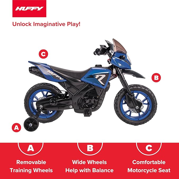 Huffy Ride On Motorcycle for Kids, Ideal for Ages 2-5 Years, 6V Rechargeable Battery, Training Wheels, Realistic Engine Sounds, Max Weight 65lbs, 2 MPH, Blue