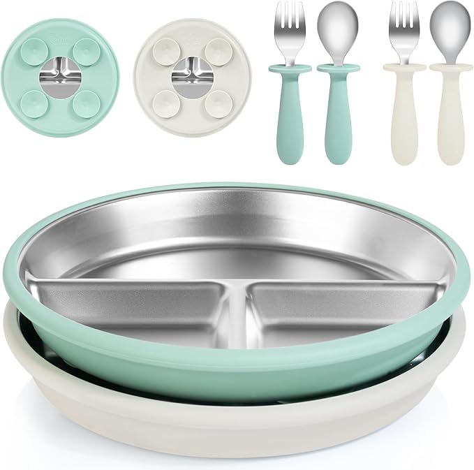 Bella’s Friends Baby Feeding Set, 2 Pack Stainless Steel Divided Plate with Silicone Suction, 2 Set Spoons and Forks, BPA Free, Dishwasher Safe, Baby Led Weaning Supplies, Toddler Utensils,beige green