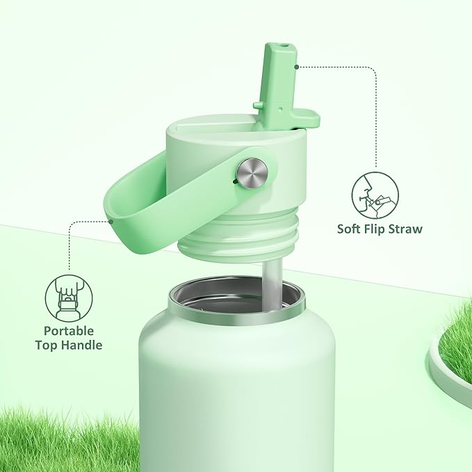 POWCAN 24 oz Double Walled Insulated Water Bottle with Straw: Leakproof, Cup Holder Friendly, BPA-free, Top Handle, Stainless Steel Water Bottle for Adult, Student, Nurse, Commuter, Bag (Mint Dew)