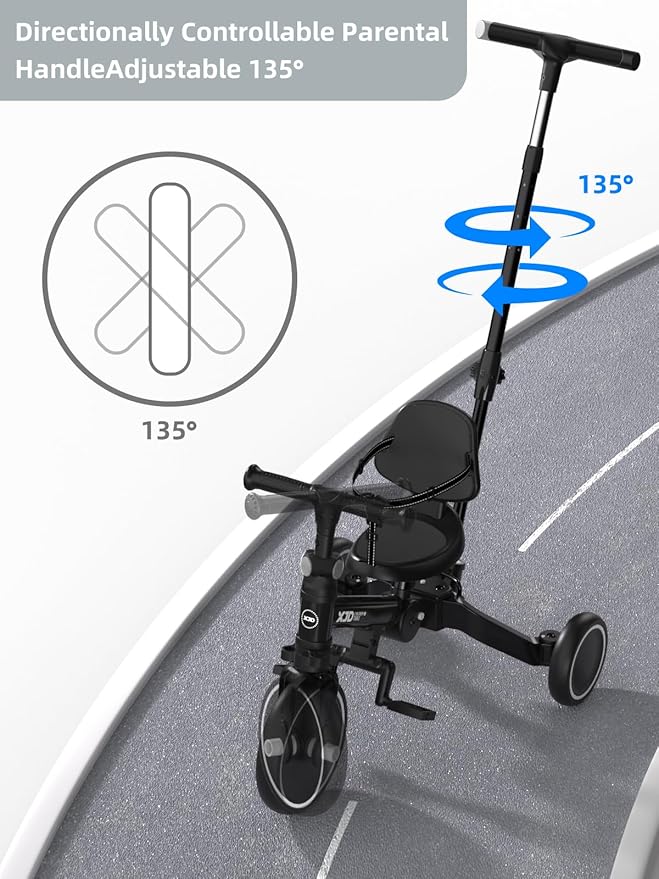 XJD Toddler Bike, 6 in 1 Folding Toddler Tricycle for 1-4 Year Old with Parental Control Handle, Balance Bike with Removable Pedal, Backrest, Adjustable Seat and Handle, First Birthday Gifts (Black)