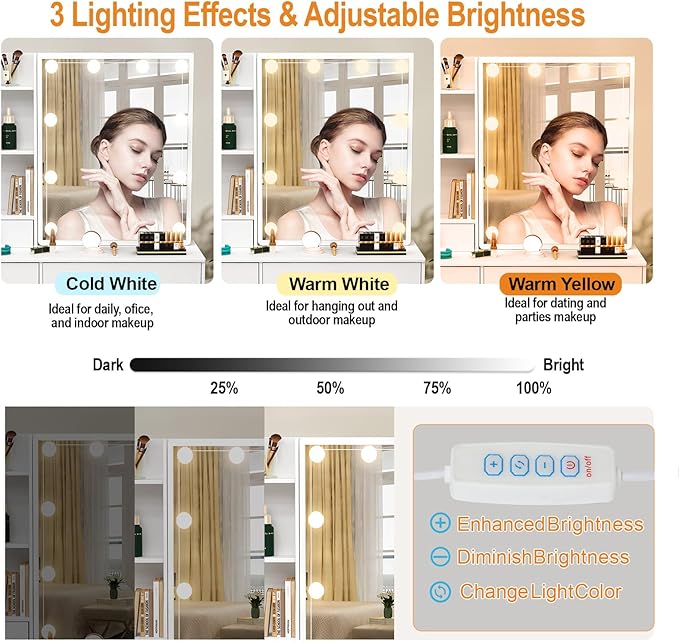 Vanity Desk with Sliding Lighted Mirror, Outlet USB Port, White Vanity Set with Drawers and Stool, 3-Color Adjustable Brightness Lights, Makeup Vanity Dressing Table for Bedroom, Girls & Women Gifts