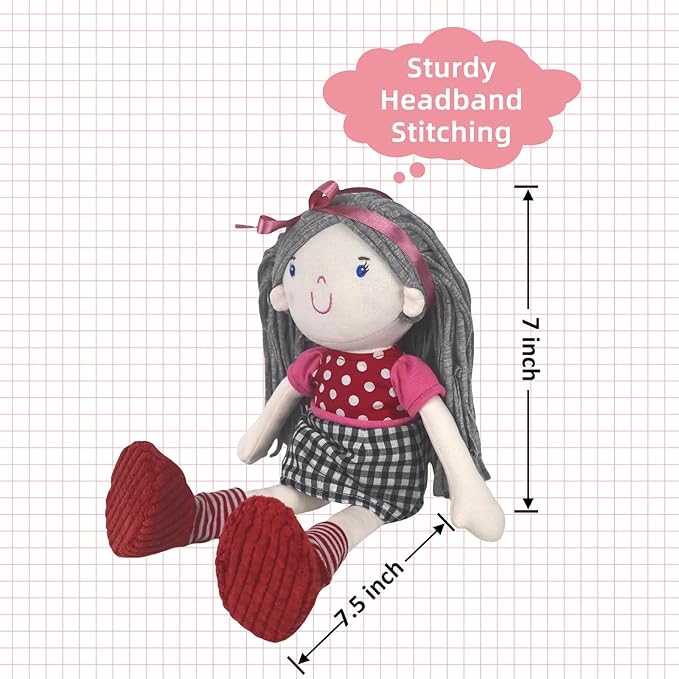 13” Soft Baby Doll Toy, Plush Rag Doll Featuring Gray Flowing Hair, Pink Headband, Polka - Dot & Checkered Dress, Ideal Stuffed Toy for Kids' Gifting & Play