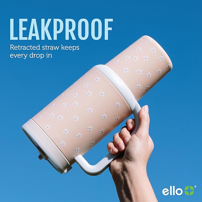 Ello Oasis 40 oz Tumbler with Handle & Retracting Straw | Reusable Insulated Stainless Steel Cup 100% Leakproof, Gifts for Teens Women Men | Keeps cold for 24 Hours, Cup Holder Friendly, Pink Gingham