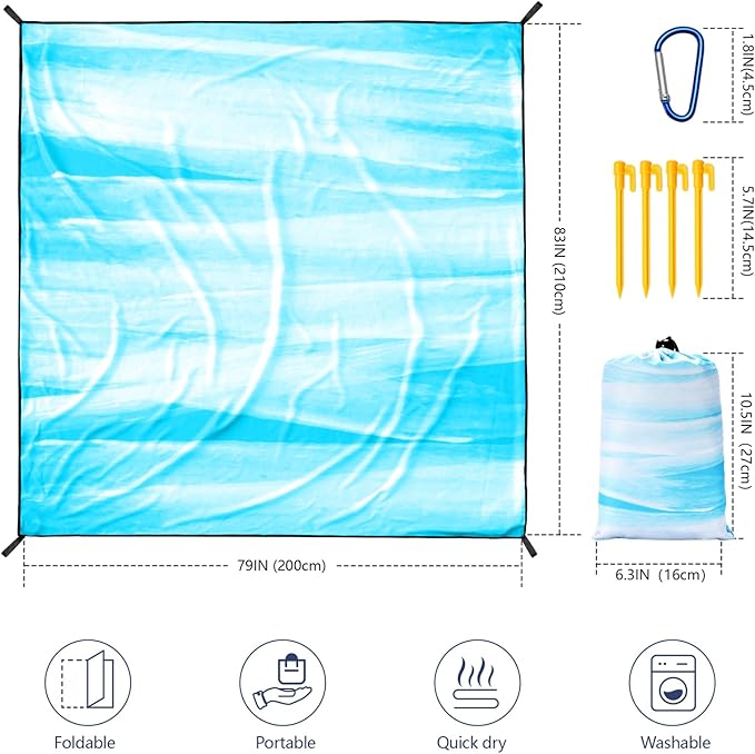 Beach Blanket Waterproof Sandproof Beach Mat 79" X 83"/10'x9'for 2-8 Adults Quick Drying Outdoor Picnic Mat Beach Accessories for Travel, Camping, Hiking