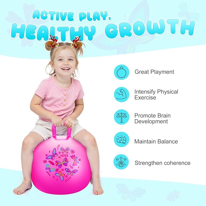 PlayZap Hopper Ball for Kids 3-8,18 Inch Pink Bouncy Ball with Handle, Inflatable Hippity Hop Bounce Hopping Toys Indoor Outdoor for Boys Girls Gifts, Butterfly