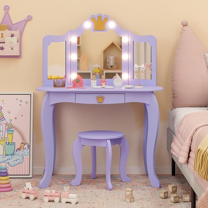 Costzon Kids Vanity with Lights, Girls Vanity Set with Mirror and Stool, Drawer, 2 in 1 Princess Makeup Desk Dressing Table, Kids Vanity Table and Chair Set, Violet