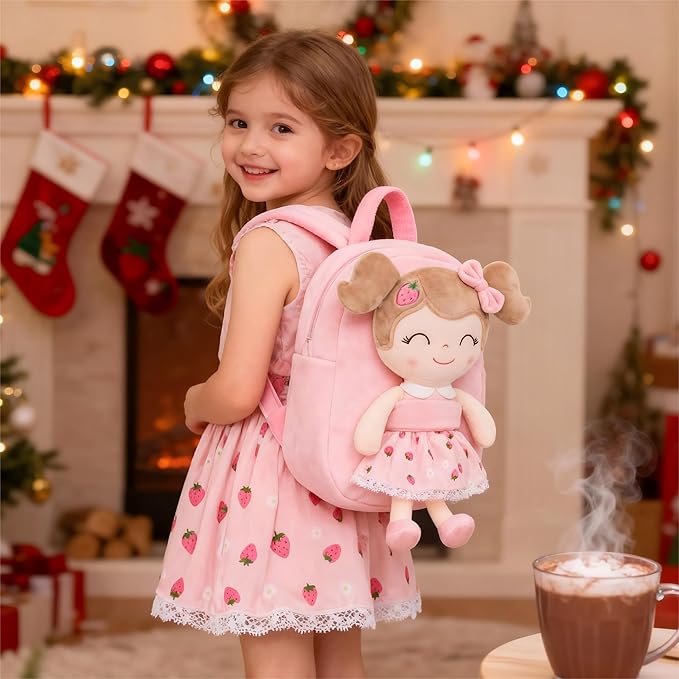 Gloveleya Kids Backpack for Girls backpacks Plush bag with Soft doll for Toddler baby Strawberry 9 Inches