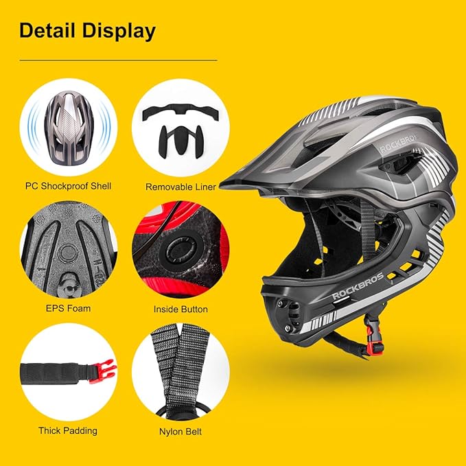ROCKBROS Kids Full Face Helmet Kids Bike Helmets Lightweight Toddler Mountain Bike Helmet Detachable for MTB BMX Skating Cycling Scooter Safety Bicycle Helmets for Youth Child Boys Girls Ages 3-16