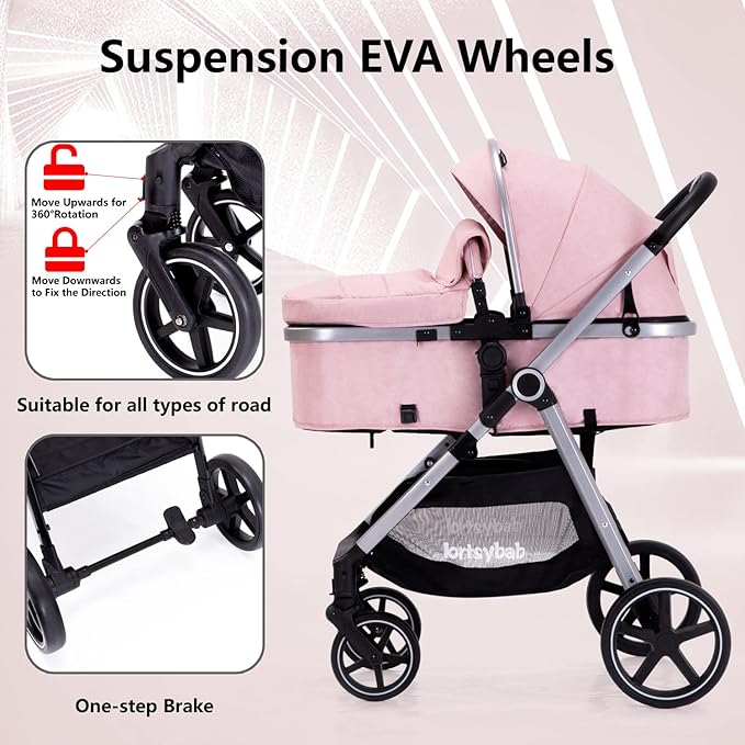 2-in-1 Baby Stroller - Folding Infant Newborn Pram Stroller with Reversible Seat - Toddler Strollers for 0-36 Months Old Babies (Pink)