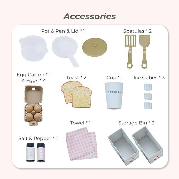 Teamson Little Chef Savannah Wooden Montessori Pretend Play Kitchen for Toddlers Kids Ages 3+ Modular Three-Piece Set with Sink Cart Stove & Fridge for Boys and Girls Playset – Pink