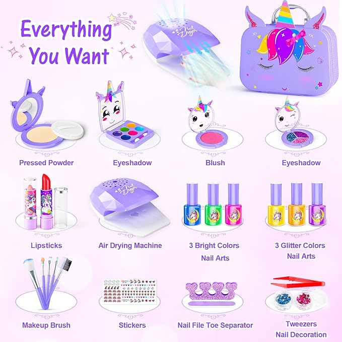 Kids Makeup Kit for Girl - 2 in 1 Kids Washable Makeup Toys & Nail Art Kit with Nail Dryer and Storage Case, Real Girl Makeup Set Birthday Gifts Toys for 3 -12 Year Old Girls, Purple