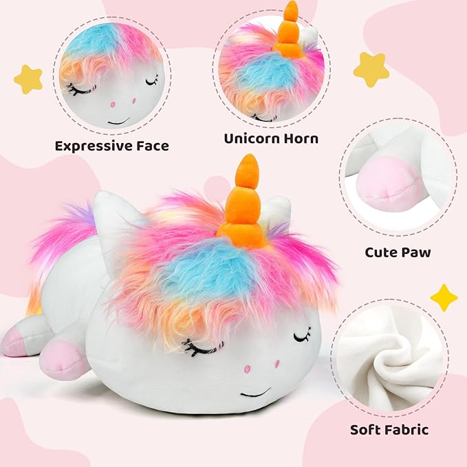Puffpals Weighted Plush, Cute Pink Unicorn Weighted Stuffed Animal with Beads, Soft Sensory Plush Pillow Toy for Kids & Adults (14in, 1.7lbs)