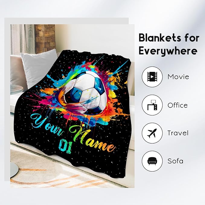 Personalized Soccer Gifts for Boys, Custom Soccer Blanket Gift for Sport Lovers, Flannel Throw Blankets for Kids Girls Teens, Sports Decorations for Room Team Player (Colorful, 40x50 Inch)