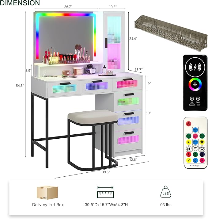HNEBC RGB Vanity Desk with Mirror and Lights, LED Vanity Makeup Desk with USB/Wireless Charger Station, Vanities Dressing Table Sets with 6 Drawers/Cabins/Stool/Shelves for Bedroom&Cloakroom,White