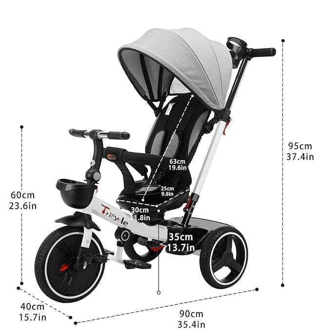 Baby Tricycle,6-in-1 Baby Push Bike Steer Stroller,Learning Toddler Bike/Detachable Guardrail,Adjustable Canopy,Safety Harness,Folding Pedal,Storage Basket,Brake,Shock Absorption