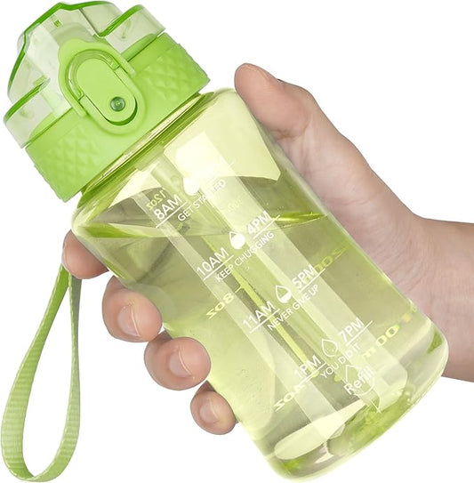 OLDLEY 12oz Kids Water Bottle for school Girls Boys, Motivational Water Bottles With Silicone Straw, Leak-Proof Tritan BPA-Free, Reusable water bottles for kids, Parrott Green
