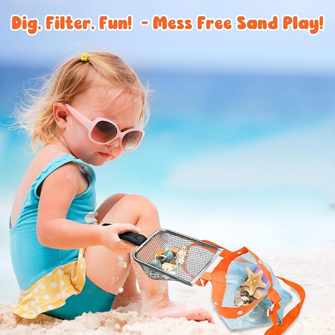 2 PCS Beach Mesh Shovel Sand Sifters with 2 PCS Mesh Beach Bag, Shark Tooth Sifter for Shell Collecting, Filter Sand Scooper Shells Tools for Boys and Girls