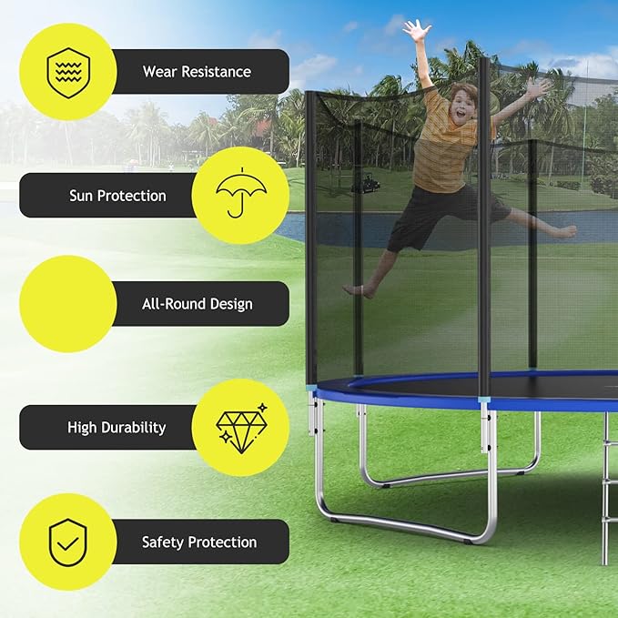 Giantex Trampoline Safety Net, 8 10 12 14 15 16Ft Weather-Resistant Replacement Enclosure Net for Round Frame, with Double-Headed Zippers, Protection Buckles & Enhanced Hook, Poles Not Included