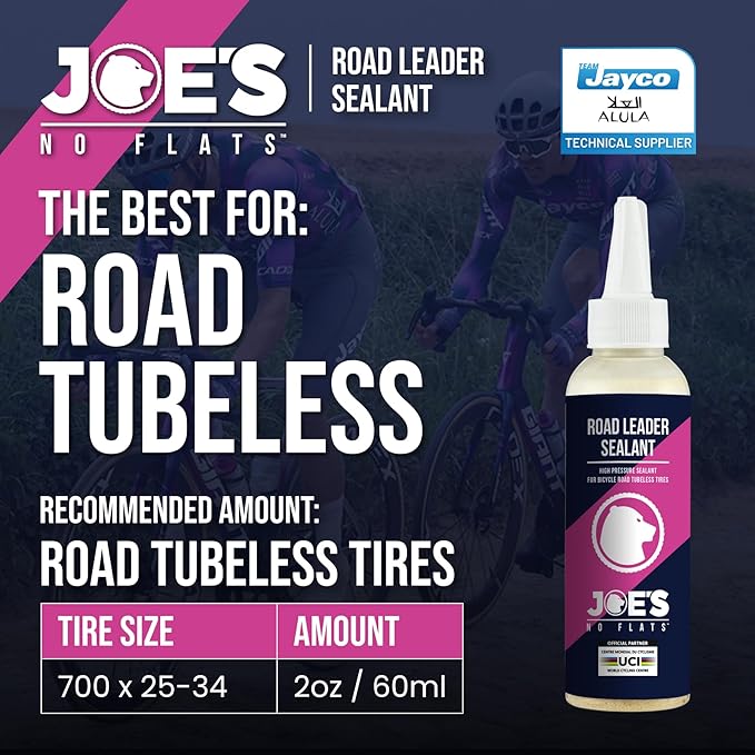 JOE'S NO FLATS Road Leader Sealant - Use for Low Volume High Pressure Road Bike Tires - Road Bike Tubeless Tire Sealant