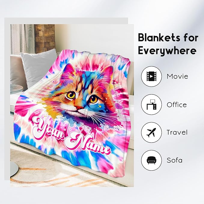 UNIKITTY Girls Blanket, Cat Blanket Gifts for Girls Toddlers, Personalized Rainbow Throw, Custom Flannel Kids Throws with Cat On It (4 Sizes)