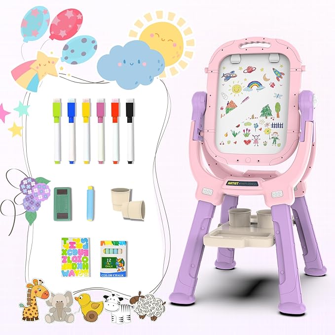Easel for Kids, Toddler Art Easel Adjustable Standing, Magnetic Double Sided Easel with Painting Accessories, Birthday Gift for Girls Age 3+