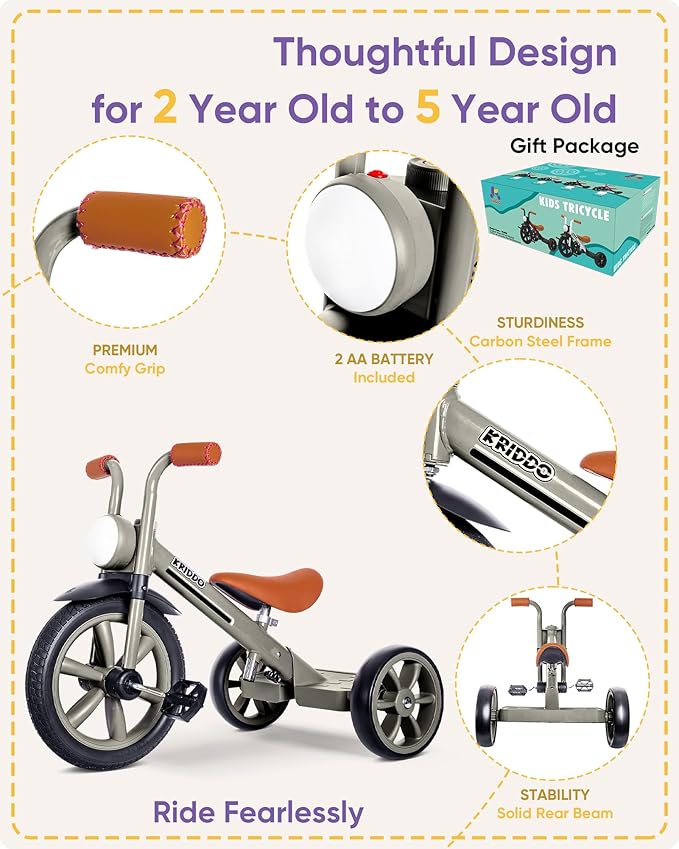 KRIDDO Kids Tricycles Age 2 Years to 5 Years, 12 Inch Puncture Free Rubber Wheel w Front Light, Kids Trike for 2.5 to 5 Year Old, Gift Toddler Tricycles for 2-5 Year Olds, Trikes for Toddlers, Grey