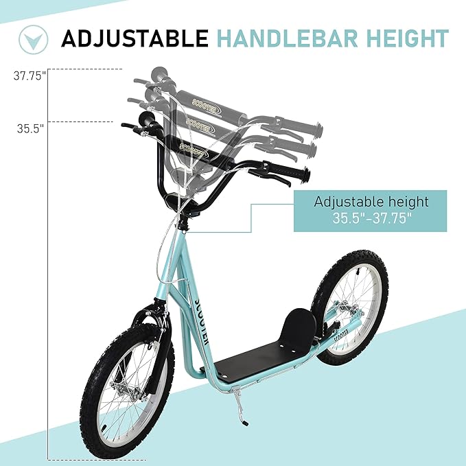 Aosom Youth Scooter Kick Scooter for Kids 5+, Max Load 220 LBS., with Adjustable Handlebar, 16" Inflatable Wheels, Dual Brakes