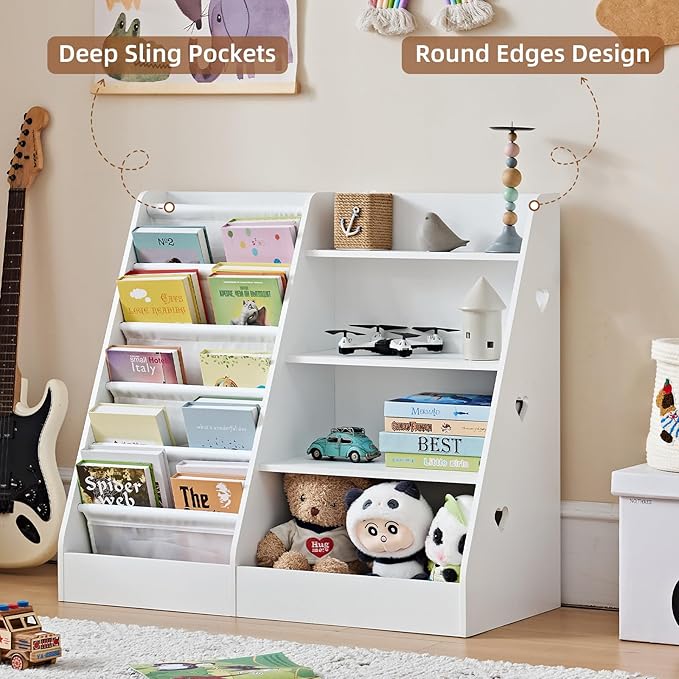 Lerliuo 4 Tier Kids Bookshelf and Storage Organizer, Five Layer Sling Children Bookcase, Baby Toddler Wooden Book Shelf, Display Cabinet for Playroom, Bedroom, Classroom, Nursery, School (White)