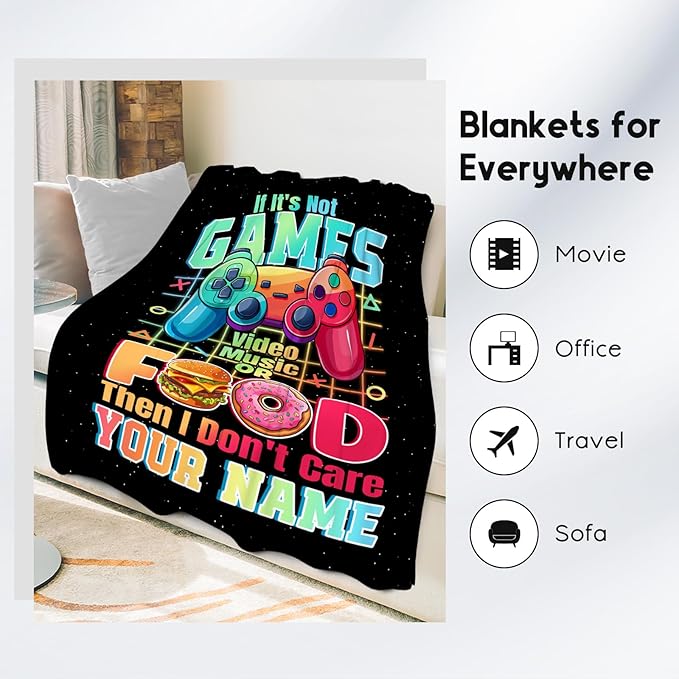 UNIKITTY Personalized Boys Blanket - Gaming Blanket for Kids Adults - 60"x80" Custom Girls Throw for Bed Living Room Video Games Accessories - Boys Home Decor Presents Ideas