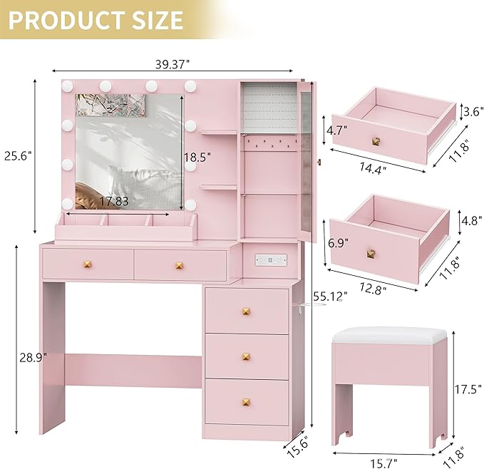 Vanity Desk with Mirror and Lights,Makeup Table with Charging Station & RGB Storage Cabinet,Large Drawer & Storage Shelves,5 Drawer,Bedroom Dressing Table, Pink