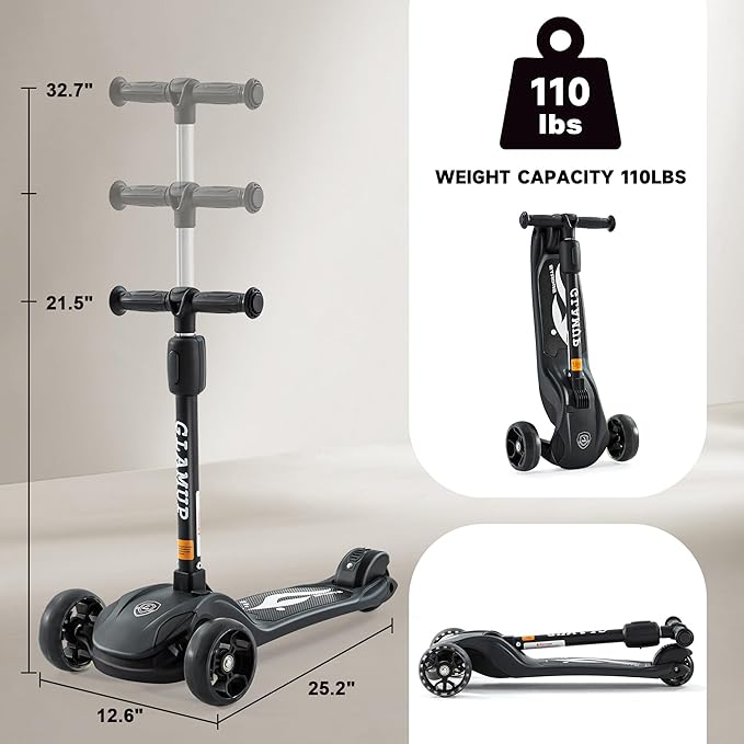 GLAMUP Kids Kick Scooter 3 Wheels, Kids Scooter Height Adjustable Handlebar, Lean-to-Steer System & Easy-Folding Mechanism, Ages 3-14 Boys and Girls
