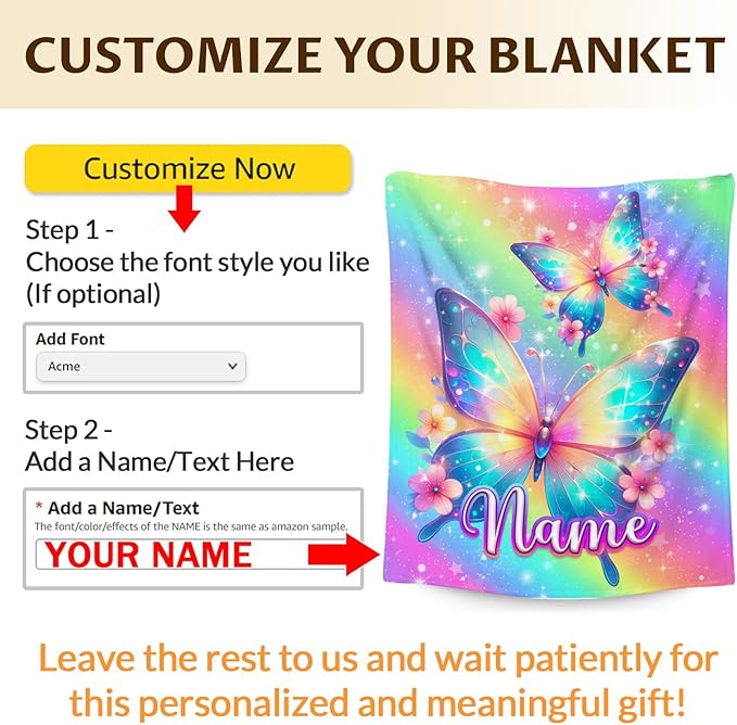 Butterfly Blankets and Throws Personalized Blankets for Kids Teens Adults, 60x80 Inches Twin Size Lightweight Soft Comfy Custom with Name Throw for Living Room Home Decor