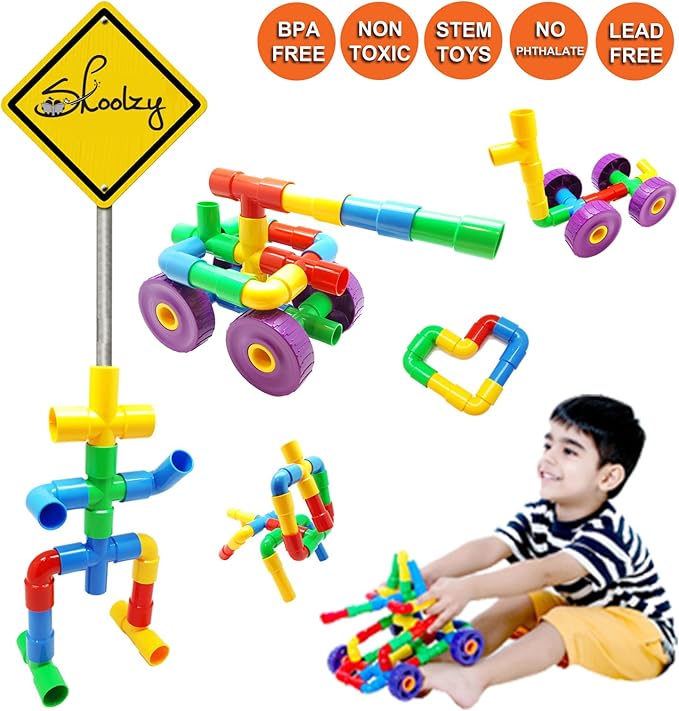 Skoolzy STEM Learning Pipe Tube 29 Piece Toys_and_Games Set, Educational Construction Building Blocks for ADHD & Autism for Baby, Kid Includes Wheels Pipes Joints and eBook