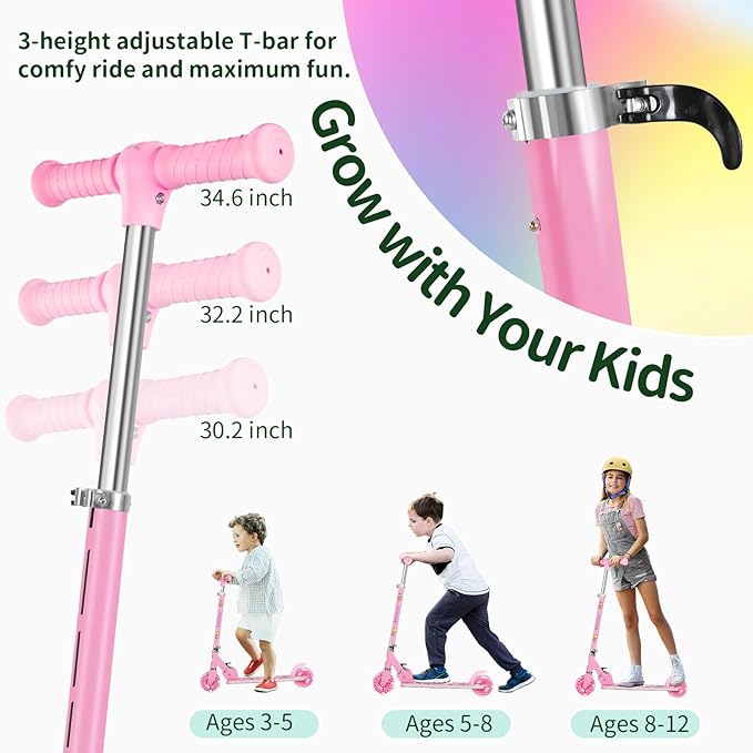 BELEEV V2 Scooters for Kids with Light-Up Wheels & Stem & Deck, 2 Wheel Folding Scooter for Girls Boys, 3 Adjustable Height, Non-Slip Pattern Deck, Lightweight Kick Scooter for Children Ages 3-12