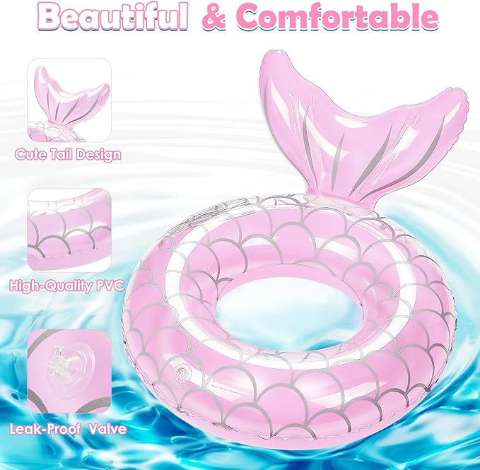 HeySplash Pool Floats Kids, Inflatable Swimming Ring Mermaid Tail Shaped Swim Tube Floaties, Summer Water Fun Beach Party Swimming Pool Toys for Kids Children Water Activities, Pink