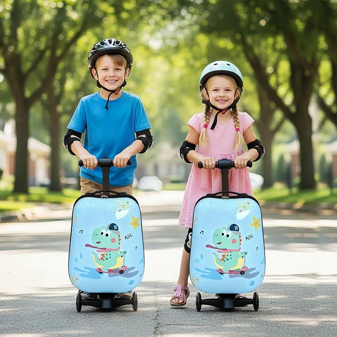 smilesun 4-in-1 Detachable Scooter Luggage for Kids & Teens, Hardside Ride-On Suitcase with Dinosaur Design, Lightweight Foldable, Perfect Travel Gift for Boys(Light Blue 22-inch)