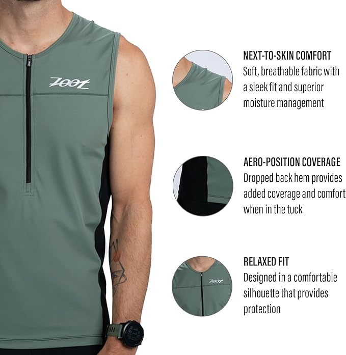 Zoot Men’s Core Tri Tank, Performance Triathlon Race Tank Top, UPF 50+ Fabric, Rear Pockets, Mesh Panels, & Cam Lock Zipper