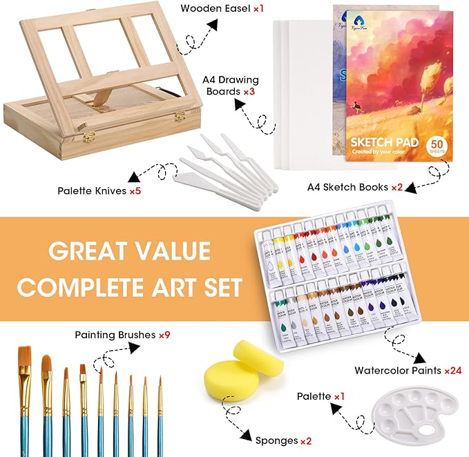 Painting Supplies Set, 49 Pieces Watercolor Painting Kit with Wooden Tabletop Easel, Includes Watercolor Paints, Brushes, Palette, Canvas Panels and Painting Pads, for Artists, Student, Adults, Kids