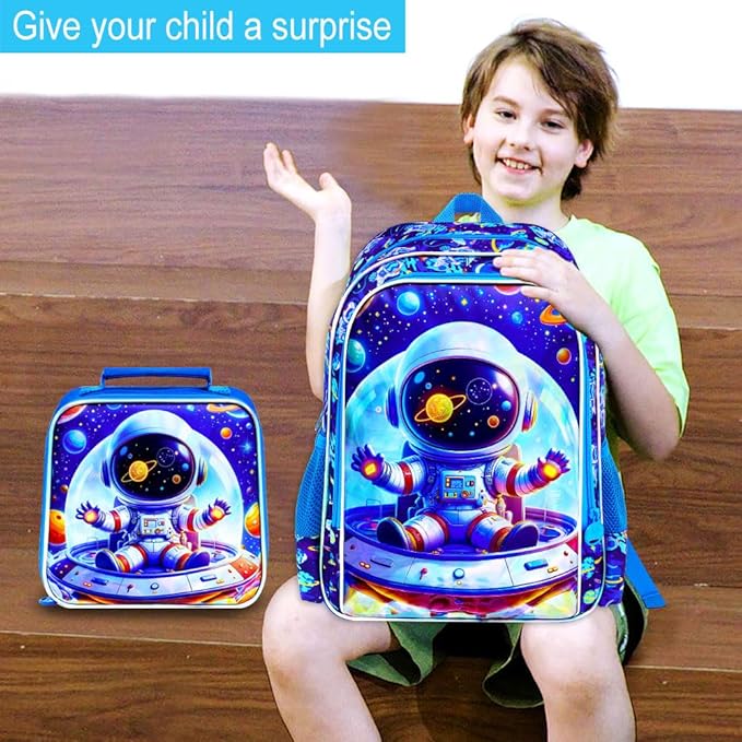 3Pcs Space Backpack for Boy, 16" Astronaut Bookbag for Elementary Preschool Kindergarten, Kids School Backpacks with Lunch Box (Blue)
