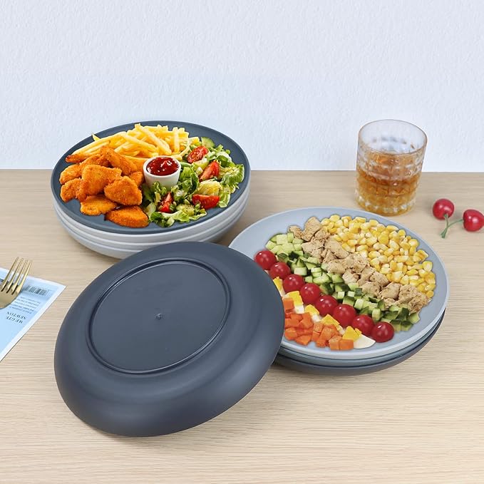 Homienly Deep Dinner Set of 8 - Alternative for Plastic, Microwave and Dishwasher Safe Wheat Straw Plates for Kitchen, Unbreakable Kids With 4 Colors (Stone Grey, 9 Inch)