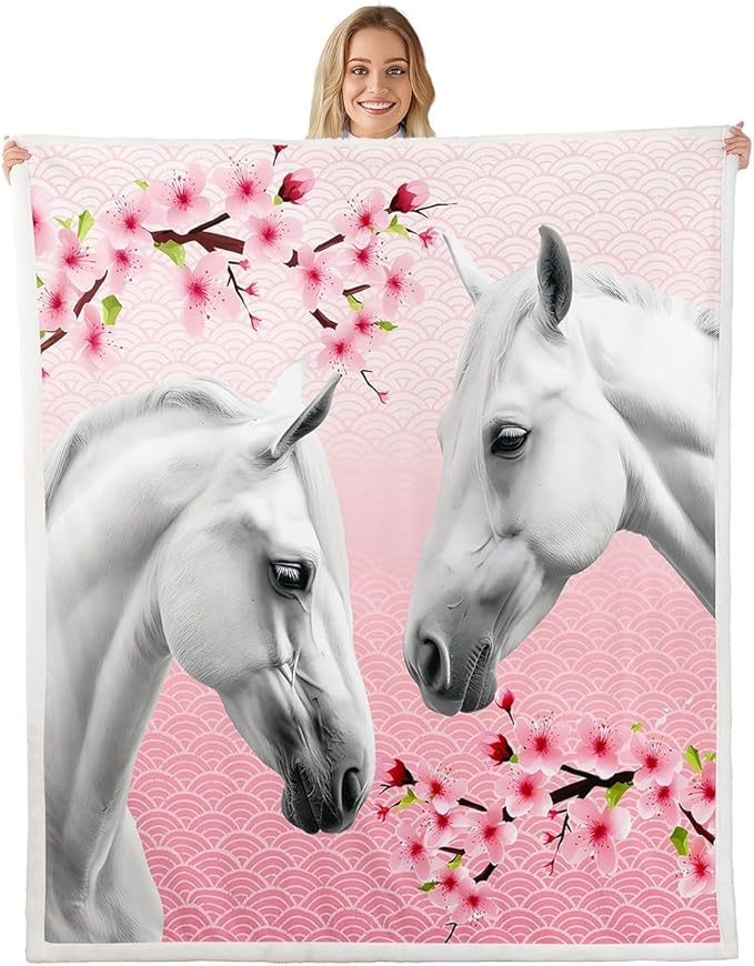 Horse Fleece Throw Blanket for Girls Boys Teens 3D Animal Theme Sherpa Blanket Kids Cherry Blossoms Plush Blanket Cute Pink Floral Room Decor Horse Lover Farmhouse Style Fuzzy Blanket Twin 60x80 Inch